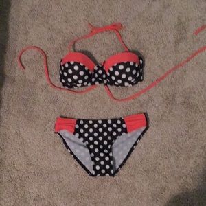 Pink and black with white polka dots bikini